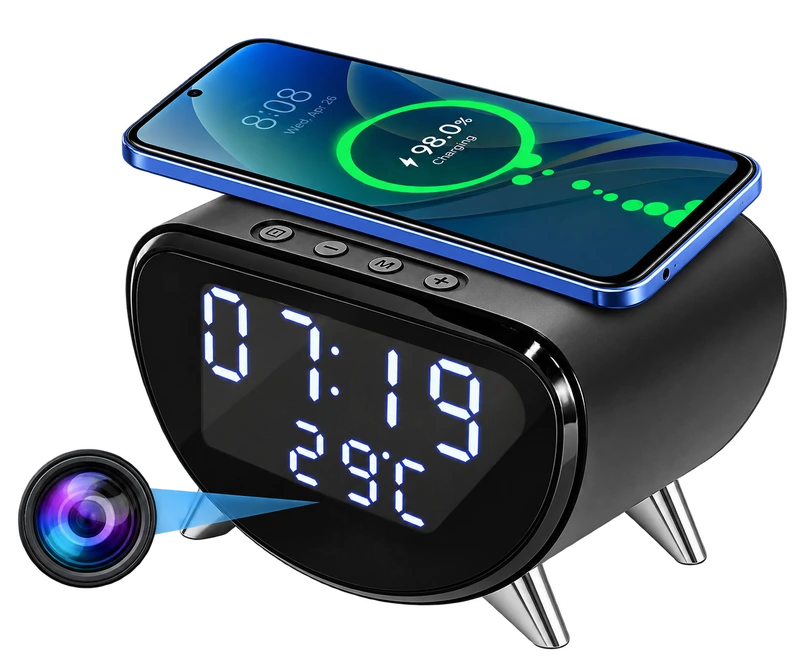 4K WiFi Clock Camera – Wireless Charging, Night Vision & Motion Alerts