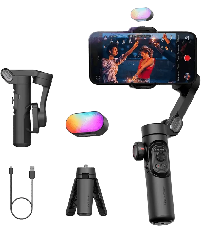 3-Axis Smartphone Gimbal Stabilizer w/RGB Magnetic Fill Light – AuraOfTech